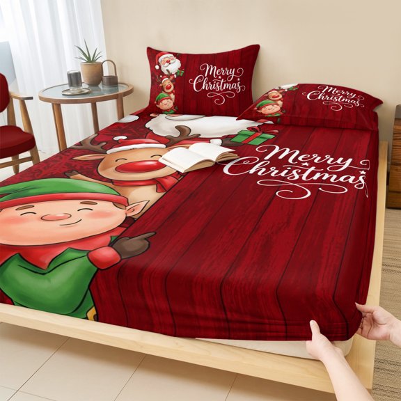Cal.King Size Fitted Sheet Set - Christmas Santa Xmas Green Elf Winter Elk Red Wooden Grain 3 Piece Bedding Sets 16" Deep Pocket Fitted Sheet with 2 Pillowcases, Brushed Microfiber Hotel Bed Sheets