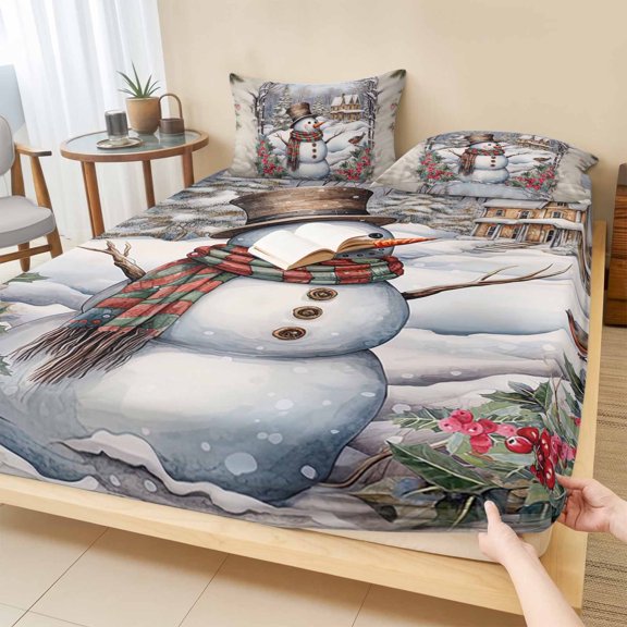 Cal.King Size Fitted Sheet Set - Christmas Snowman 3 Piece Bedding Sets 16" Deep Pocket Fitted Sheet with 2 Pillowcases, Vintage Xmas Tree Poinsettia Winter Snowflake Microfiber Hotel Bed Sheets