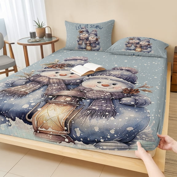 Cal.King Size Fitted Sheet Set - Christmas Snowman 3 Piece Bedding Sets 16" Deep Pocket Fitted Sheet with 2 Pillowcases, Winter Snowflake Blue Rustic Burlap Brushed Microfiber Hotel Luxury Bed Sheets
