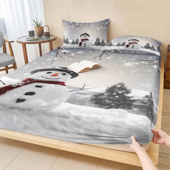 Cal.King Size Fitted Sheet Set - Christmas Snowman 3 Piece Bedding Sets 16" Deep Pocket Fitted Sheet with 2 Pillowcases, Xmas Tree Winter Snowflakes Branches Brushed Microfiber Hotel Bed Sheets