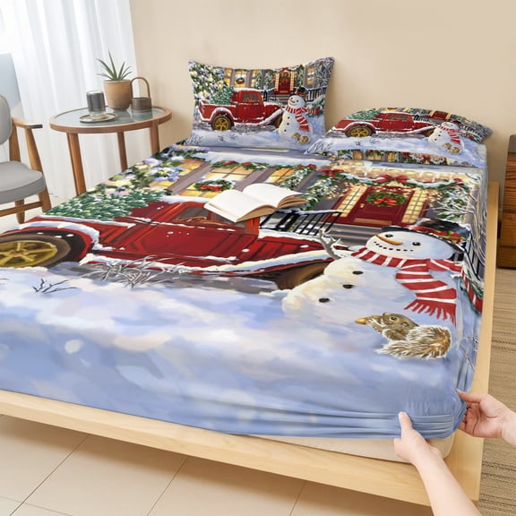 Cal.King Size Fitted Sheet Set - Christmas Snowman 3 Piece Bedding Sets 16" Deep Pocket Fitted Sheet with 2 Pillowcases, Xmas White Snowflake House Car Brushed Microfiber Hotel Luxury Bed Sheets