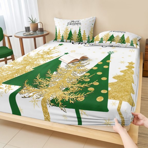 Cal.King Size Fitted Sheet Set - Christmas Tree 3 Piece Bedding Sets 16" Deep Pocket Fitted Sheet with 2 Pillowcases, Xmas Snowflake Winter Green Pine Tree Vintage Brushed Microfiber Hotel Bed Sheets