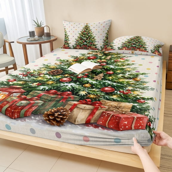 Cal.King Size Fitted Sheet Set - Christmas Trees 3 Piece Bedding Sets 16" Deep Pocket Fitted Sheet with 2 Pillowcases, Xmas Pine Tree Gifts Balls Polka Dots Beige Brushed Microfiber Hotel Bed Sheets