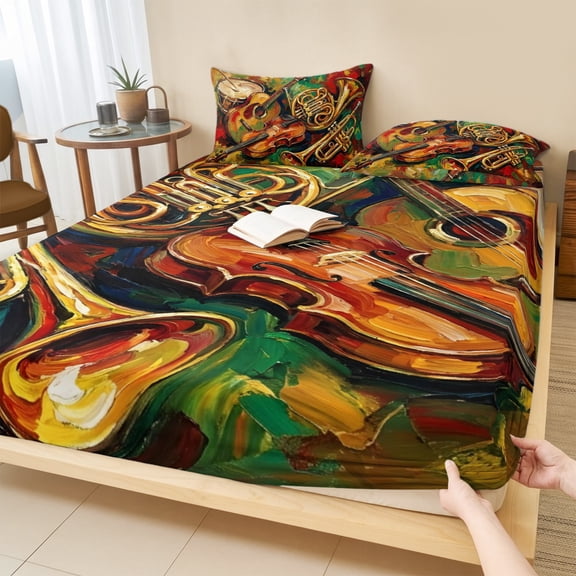 Cal.King Size Fitted Sheet Set - Classic Musical Instrument 3 Piece Bedding Sets 16" Deep Pocket Fitted Sheet with 2 Pillowcases, Abstract Oil Painting Orange Green Microfiber Hotel Bed Sheets