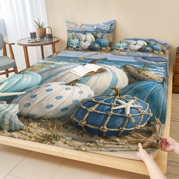 Cal.King Size Fitted Sheet Set - Coastal Blue Pumpkins 3 Piece Bedding Sets 16" Deep Pocket Fitted Sheet with 2 Pillowcases, Fall Nautical Ocean Beach Waves Brushed Microfiber Hotel Luxury Bed Sheets