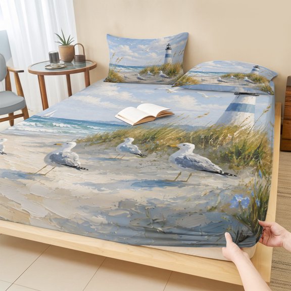 Cal.King Size Fitted Sheet Set - Coastal Lighthouse 3 Piece Bedding Sets 16" Deep Pocket Fitted Sheet with 2 Pillowcases, Nautical Seagulls Beach Country Brushed Microfiber Hotel Luxury Bed Sheets