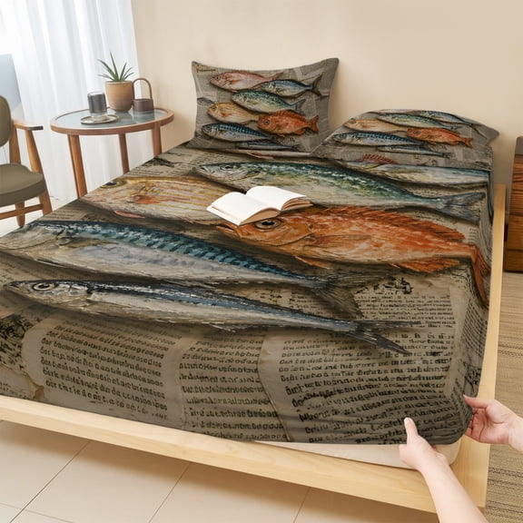 Cal.King Size Fitted Sheet Set - Coastal Nautical 3 Piece Bedding Sets 16" Deep Pocket Fitted Sheet with 2 Pillowcases, Summer Ocean Vintage Fishes Print Brushed Microfiber Hotel Luxury Bed Sheets