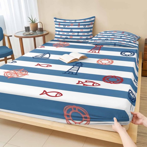 Cal.King Size Fitted Sheet Set - Coastal Nautical Stripe 3 Piece Bedding Sets 16" Deep Pocket Fitted Sheet with 2 Pillowcases, Ocean Lighthouse Fish Blue Striped Brushed Microfiber Hotel Bed Sheets