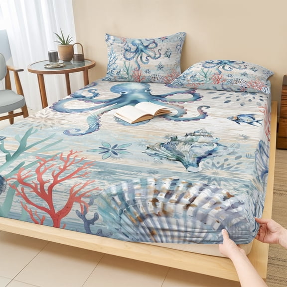 Cal.King Size Fitted Sheet Set - Coastal Octopus 3 Piece Bedding Sets 16" Deep Pocket Fitted Sheet with 2 Pillowcases, Farmhouse Nautical Ocean Conch Coral Brushed Microfiber Hotel Luxury Bed Sheets