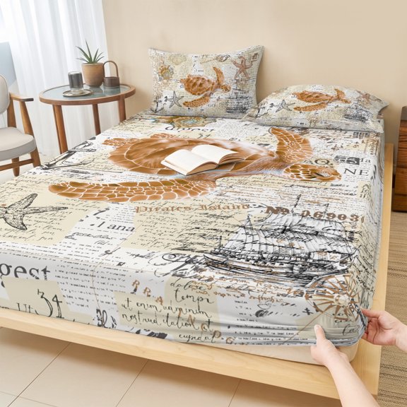 Cal.King Size Fitted Sheet Set - Coastal Sea Turtle 3 Piece Bedding Sets 16" Deep Pocket Fitted Sheet with 2 Pillowcases, Vintage Nautical Summer Beach Starfish Brushed Microfiber Hotel Bed Sheets