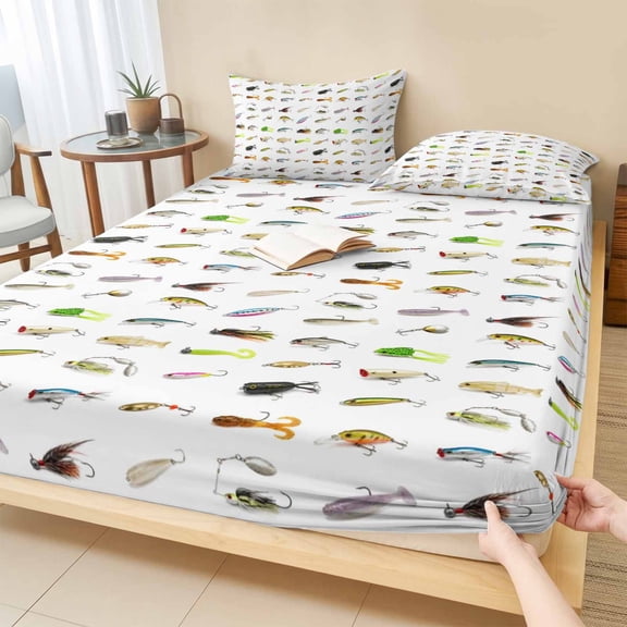 Cal.King Size Fitted Sheet Set - Colorful Fishing Bait 3 Piece Bedding Sets 16" Deep Pocket Fitted Sheet with 2 Pillowcases, Vintage Farmhouse Lure Fish Brushed Microfiber Hotel Luxury Bed Sheets