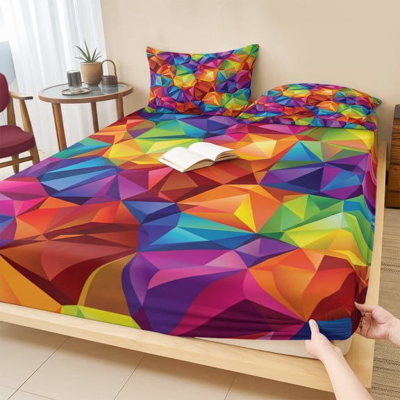 Cal.King Size Fitted Sheet Set - Colorful Geometric 3 Piece Bedding Sets 16" Deep Pocket Fitted Sheet with 2 Pillowcases, Modern Rainbow Ombre Abstract Art Brushed Microfiber Hotel Luxury Bed Sheets
