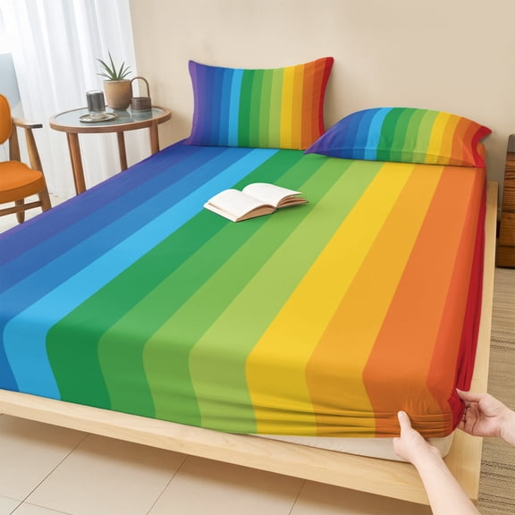 Cal.King Size Fitted Sheet Set - Colorful Striped Ombre 3 Piece Bedding Sets 16" Deep Pocket Fitted Sheet with 2 Pillowcases, Rainbow Stripes Modern Abstract Art Brushed Microfiber Hotel Bed Sheets