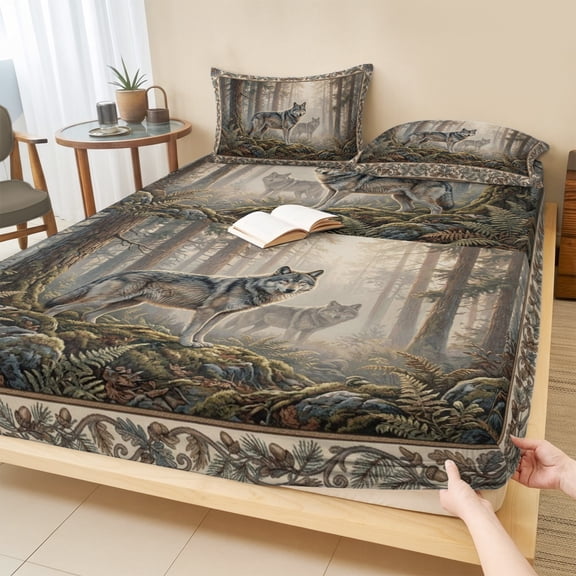Cal.King Size Fitted Sheet Set - Country Wolf 3 Piece Bedding Sets 16" Deep Pocket Fitted Sheet with 2 Pillowcases, Rustic Animals Trees Plants Forest Scenery Brushed Microfiber Hotel Bed Sheets