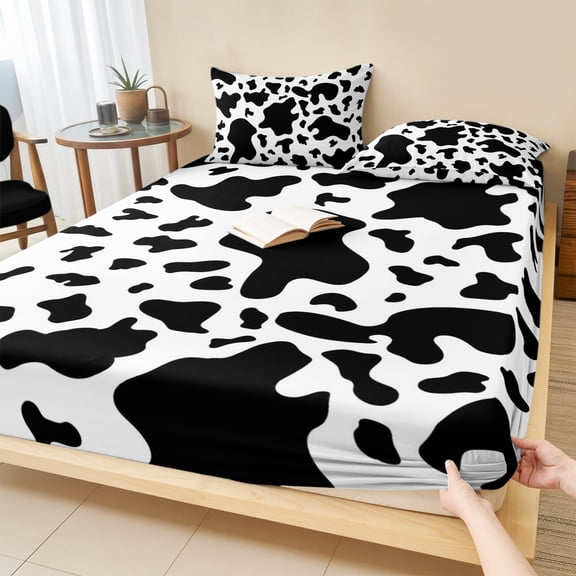 Cal.King Size Fitted Sheet Set - Cow Print 3 Piece Bedding Sets 16" Deep Pocket Fitted Sheet with 2 Pillowcases, Modern Black White Farm Animal Patterned Brushed Microfiber Hotel Luxury Bed Sheets