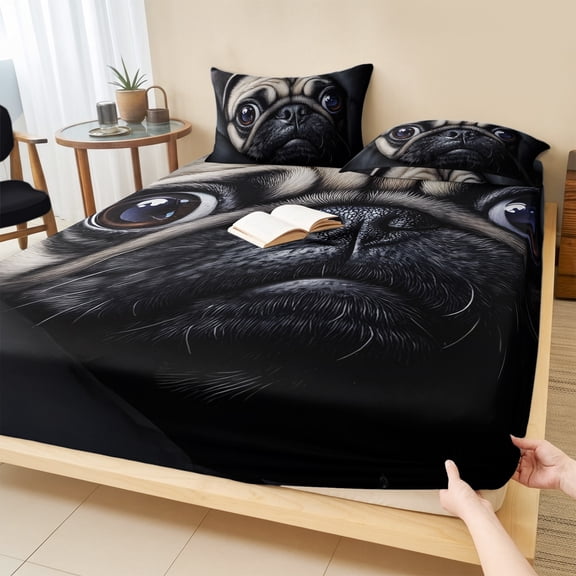 Cal.King Size Fitted Sheet Set - Cute Dog 3 Piece Bedding Sets 16" Deep Pocket Fitted Sheet with 2 Pillowcases, Black Pet Retro Picture Brushed Microfiber Hotel Luxury Bed Sheets