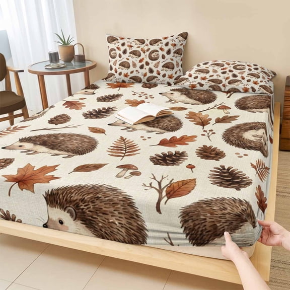 Cal.King Size Fitted Sheet Set - Cute Hedgehogs 3 Piece Bedding Sets 16" Deep Pocket Fitted Sheet with 2 Pillowcases, Woodland Autumn Leaves Acorns Forestcore Brushed Microfiber Hotel Bed Sheets