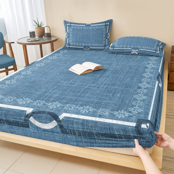 Cal.King Size Fitted Sheet Set - Denim Blue Botanical 3 Piece Bedding Sets 16" Deep Pocket Fitted Sheet with 2 Pillowcases, Vintage Florals Geometric Minimalist Brushed Microfiber Hotel Bed Sheets