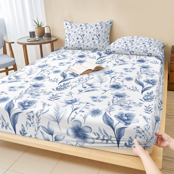 Cal.King Size Fitted Sheet Set - Elegant Blue Flowers 3 Piece Bedding Sets 16" Deep Pocket Fitted Sheet with 2 Pillowcases, Spring Floral Botanical Summer Brushed Microfiber Hotel Luxury Bed Sheets