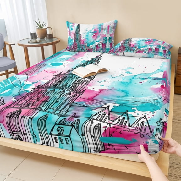 Cal.King Size Fitted Sheet Set - European Cathedral 3 Piece Bedding Sets 16" Deep Pocket Fitted Sheet with 2 Pillowcases, Watercolor Teal Pink Splash Abstract Art Brushed Microfiber Hotel Bed Sheets