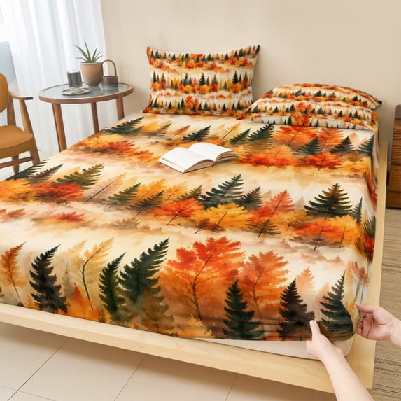 Cal.King Size Fitted Sheet Set - Fall 3 Piece Bedding Sets 16" Deep Pocket Fitted Sheet with 2 Pillowcases, Watercolor Orange Red Maple Leaves Green Pine Trees Brushed Microfiber Hotel Bed Sheets