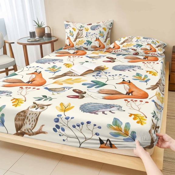 Cal.King Size Fitted Sheet Set - Fall Leaves 3 Piece Bedding Sets 16" Deep Pocket Fitted Sheet with 2 Pillowcases, Autumn Thanksgiving Fox Hedgehog Owl Retro Brushed Microfiber Hotel Bed Sheets