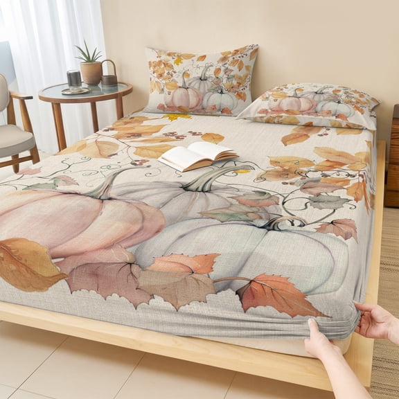 Cal.King Size Fitted Sheet Set - Fall Orange Pumpkins 3 Piece Bedding Sets 16" Deep Pocket Fitted Sheet with 2 Pillowcases, Thanksgiving Maple Leaf Rustic Brushed Microfiber Hotel Luxury Bed Sheets
