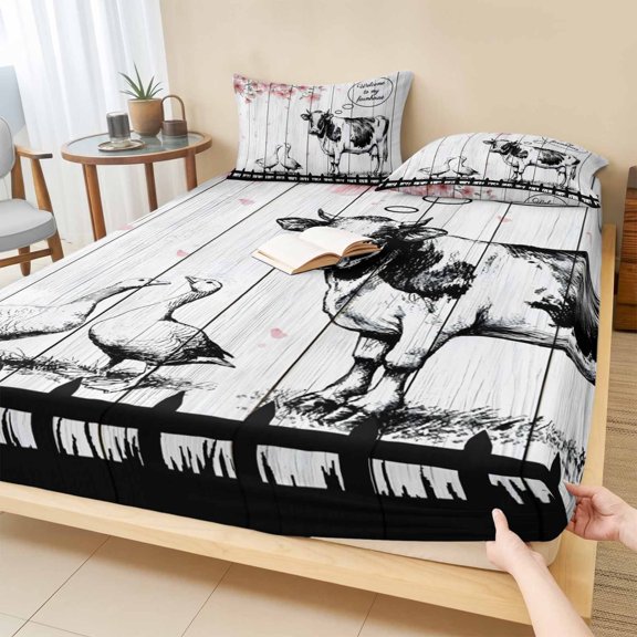Cal.King Size Fitted Sheet Set - Farmhouse Animals 3 Piece Bedding Sets 16" Deep Pocket Fitted Sheet with 2 Pillowcases, Cow Chicken Sheep Pig Rustic Pink Flower Brushed Microfiber Hotel Bed Sheets