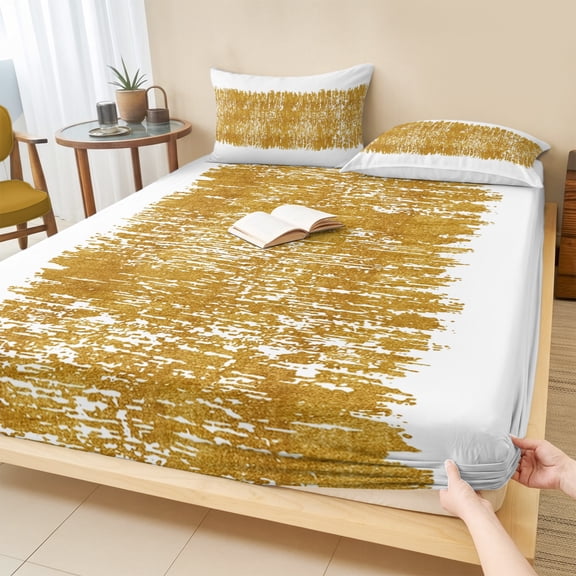 Cal.King Size Fitted Sheet Set - Farmhouse Brown 3 Piece Bedding Sets 16" Deep Pocket Fitted Sheet with 2 Pillowcases, Retro Modern Abstract Art Brushed Microfiber Hotel Luxury Bed Sheets