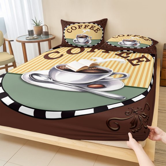 Cal.King Size Fitted Sheet Set - Farmhouse Coffee 3 Piece Bedding Sets 16" Deep Pocket Fitted Sheet with 2 Pillowcases, Vintage Coffee Cup Beans Country Brushed Microfiber Hotel Luxury Bed Sheets