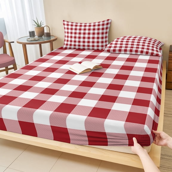 Cal.King Size Fitted Sheet Set - Farmhouse Red Plaid 3 Piece Bedding Sets 16" Deep Pocket Fitted Sheet with 2 Pillowcases, Rustic Red White Checkered Brushed Microfiber Hotel Luxury Bed Sheets