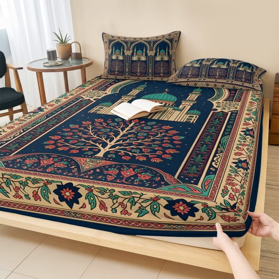Cal.King Size Fitted Sheet Set - Folk Architectural 3 Piece Bedding Sets 16" Deep Pocket Fitted Sheet with 2 Pillowcases, Boho Starry Night Tree Boho Archway Brushed Microfiber Hotel Bed Sheets