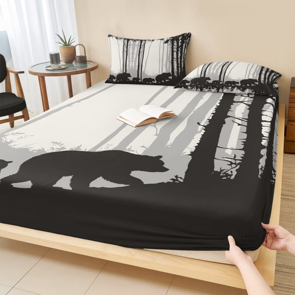Cal.King Size Fitted Sheet Set - Forest Bear 3 Piece Bedding Sets 16" Deep Pocket Fitted Sheet with 2 Pillowcases, Black Grey Country Farmhouse Nature Tree Brushed Microfiber Hotel Luxury Bed Sheets