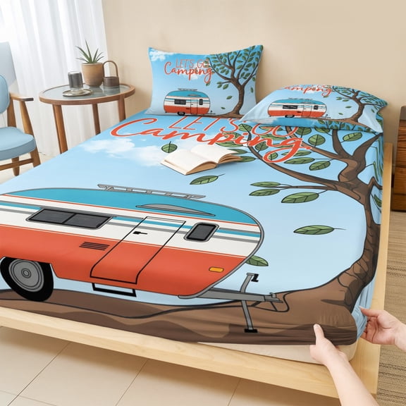 Cal.King Size Fitted Sheet Set - Let's Go Camping 3 Piece Bedding Sets 16" Deep Pocket Fitted Sheet with 2 Pillowcases, Modern Camper Van Trees Blue Sky Brushed Microfiber Hotel Luxury Bed Sheets