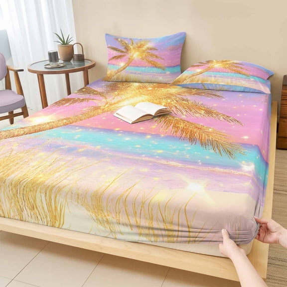 Cal.King Size Fitted Sheet Set - Golden Palm Tree 3 Piece Bedding Sets 16" Deep Pocket Fitted Sheet with 2 Pillowcases, Rainbow Beach Seaside Brushed Microfiber Hotel Luxury Bed Sheets
