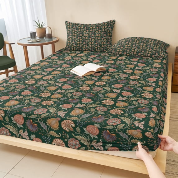 Cal.King Size Fitted Sheet Set - Green Botanical 3 Piece Bedding Sets 16" Deep Pocket Fitted Sheet with 2 Pillowcases, Antique Floral Blossom Brushed Microfiber Hotel Luxury Bed Sheets
