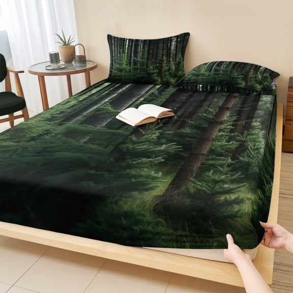 Cal.King Size Fitted Sheet Set - Green Forest 3 Piece Bedding Sets 16" Deep Pocket Fitted Sheet with 2 Pillowcases, Mysterious Primitive Forest Pine Tree Brushed Microfiber Hotel Luxury Bed Sheets