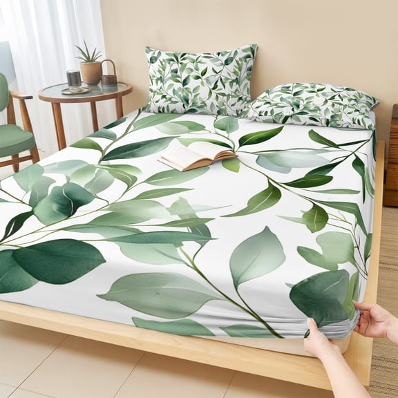 Cal.King Size Fitted Sheet Set - Green Leaves 3 Piece Bedding Sets 16" Deep Pocket Fitted Sheet with 2 Pillowcases, Eucalyptus Plant Spring Summer Tree Branch Brushed Microfiber Hotel Bed Sheets