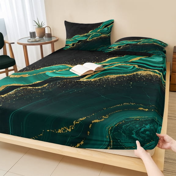 Cal.King Size Fitted Sheet Set - Green Marble 3 Piece Bedding Sets 16" Deep Pocket Fitted Sheet with 2 Pillowcases, Gold Abstract Vintage Modern Ombre Art Brushed Microfiber Hotel Luxury Bed Sheets