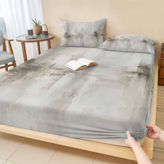 Cal.King Size Fitted Sheet Set - Grey Abstract 3 Piece Bedding Sets 16" Deep Pocket Fitted Sheet with 2 Pillowcases, Industrial Modern Moody Urban Brushed Microfiber Hotel Luxury Bed Sheets