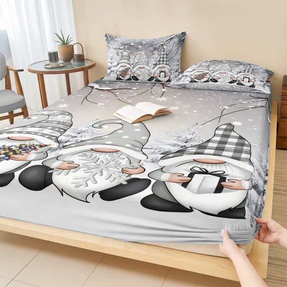 Cal.King Size Fitted Sheet Set - Grey Christmas 3 Piece Bedding Sets 16" Deep Pocket Fitted Sheet with 2 Pillowcases, Gnomes Xmas Snowflake Gifts Winter Brushed Microfiber Hotel Luxury Bed Sheets