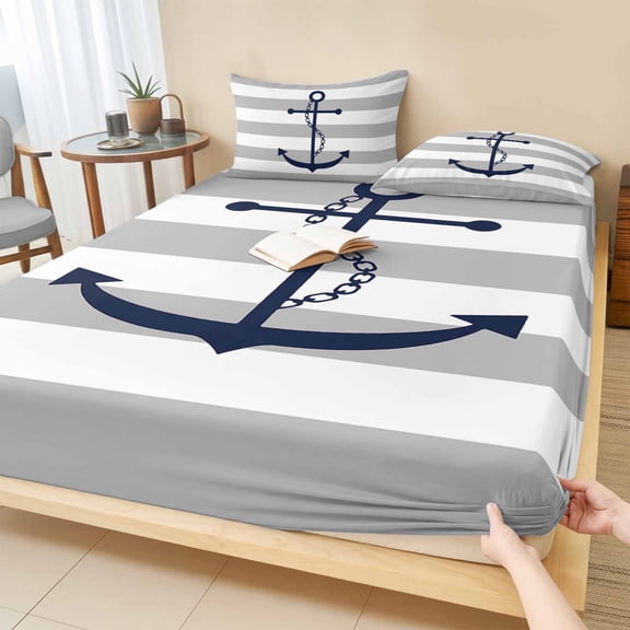 Cal.King Size Fitted Sheet Set - Grey White Striped 3 Piece Bedding Sets 16" Deep Pocket Fitted Sheet with 2 Pillowcases, Navy Blue Beach Nautical Anchor Ocean Coastal Microfiber Hotel Bed Sheets