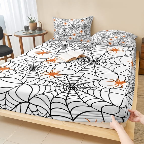 Cal.King Size Fitted Sheet Set - Halloween 3 Piece Bedding Sets 16" Deep Pocket Fitted Sheet with 2 Pillowcases, Black Net Classic Spiders Gingham Orange Brushed Microfiber Hotel Luxury Bed Sheets