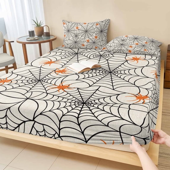 Cal.King Size Fitted Sheet Set - Halloween 3 Piece Bedding Sets 16" Deep Pocket Fitted Sheet with 2 Pillowcases, Black Net Classic Spiders Gingham Orange Rustic Brushed Microfiber Hotel Bed Sheets