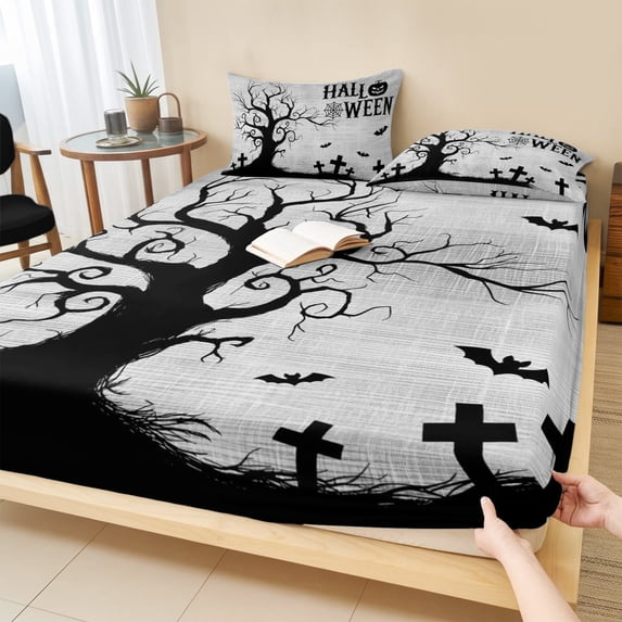 Cal.King Size Fitted Sheet Set - Halloween 3 Piece Bedding Sets 16" Deep Pocket Fitted Sheet with 2 Pillowcases, Fall Pumpkin Spooky Bats Horror Trees Rustic Gray Brushed Microfiber Hotel Bed Sheets