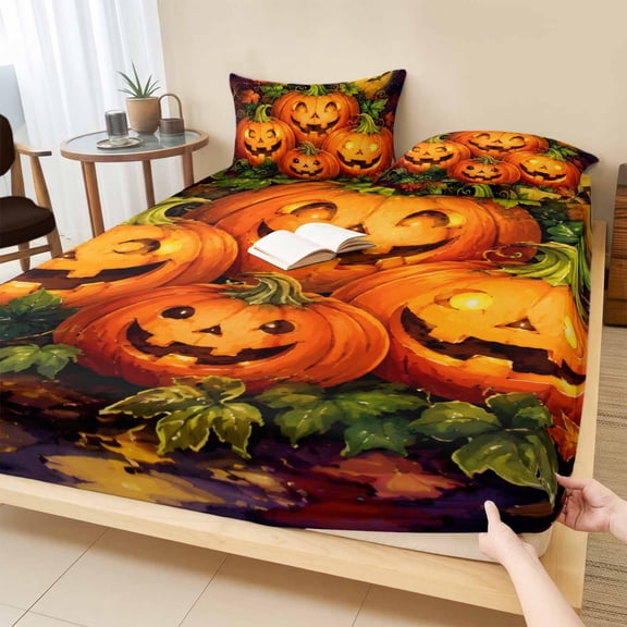 Cal.King Size Fitted Sheet Set - Halloween 3 Piece Bedding Sets 16" Deep Pocket Fitted Sheet with 2 Pillowcases, Orange Horror Pumpkin Moon Bat Maple Leaves Brushed Microfiber Hotel Luxury Bed Sheets