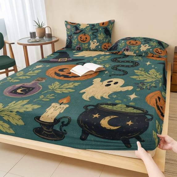 Cal.King Size Fitted Sheet Set - Halloween 3 Piece Bedding Sets 16" Deep Pocket Fitted Sheet with 2 Pillowcases, Orange Scary Pumpkin Ghosts Birds Snake Cats Brushed Microfiber Hotel Bed Sheets