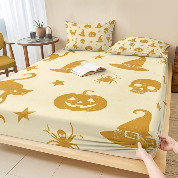 Cal.King Size Fitted Sheet Set - Halloween 3 Piece Bedding Sets 16" Deep Pocket Fitted Sheet with 2 Pillowcases, Orange Skull Cat Hat Stars Classic Spooky Brushed Microfiber Hotel Luxury Bed Sheets