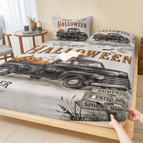 Cal.King Size Fitted Sheet Set - Halloween 3 Piece Bedding Sets 16" Deep Pocket Fitted Sheet with 2 Pillowcases, Vintage Black Car Orange Horror Pumpkin Bat Brushed Microfiber Hotel Luxury Bed Sheets