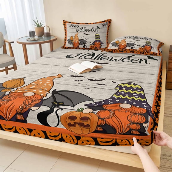 Cal.King Size Fitted Sheet Set - Halloween Elf, 3 Piece Bedding Sets 16" Deep Pocket Fitted Sheet with 2 Pillowcases, Farmhouse Black Orange Bat Skull Pumpkins Brushed Microfiber Hotel Bed Sheets